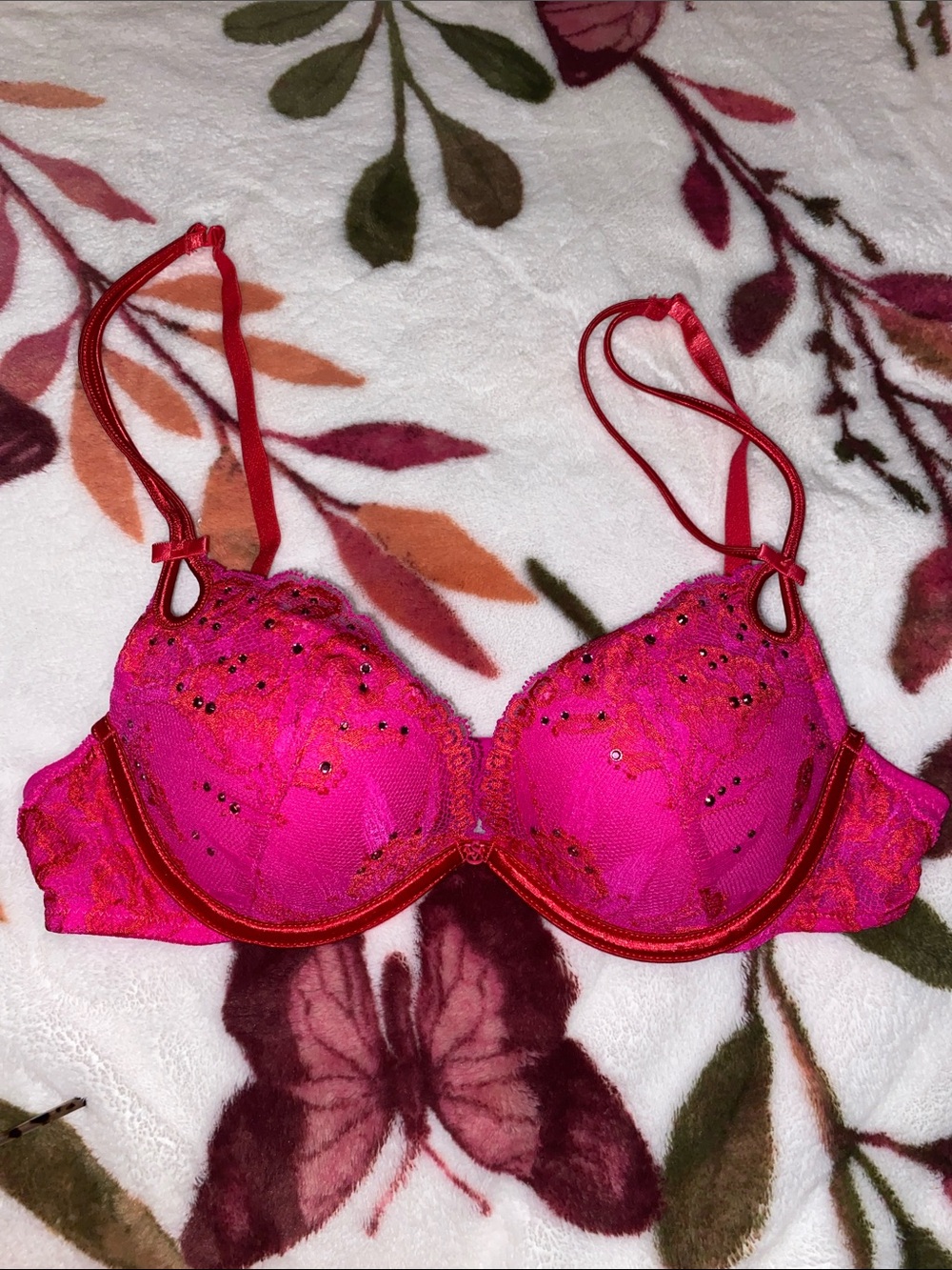 Lace & Crystals Hot Pink Push-Up Bra with Underwire Support